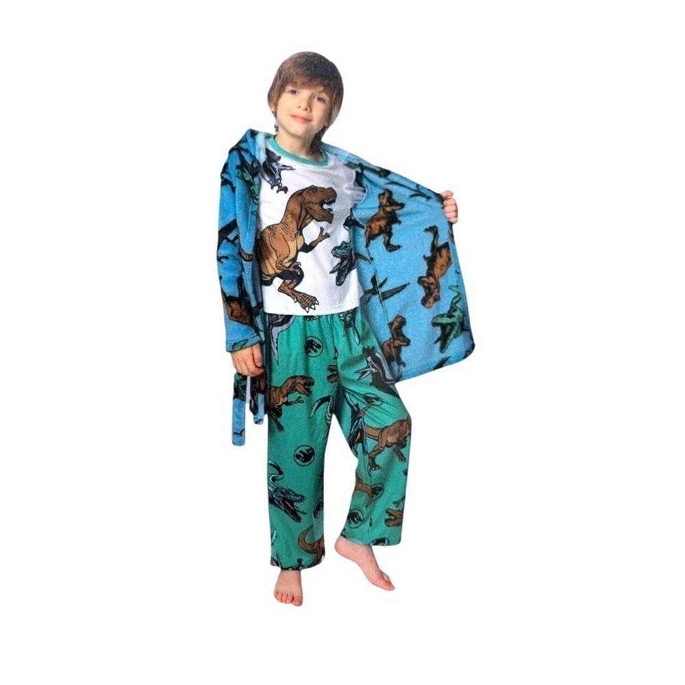 Jurassic World Boys 3PC Robe and Pajama Set Blue Green Dinosaur Size 10